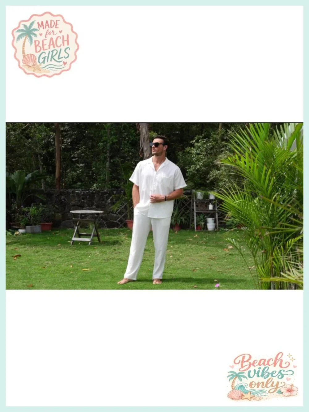 Men's Linen 2 Piece Outfit Set Short Sleeve Camp Shirt & Drawstring Pants